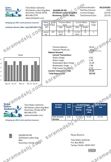 USA Florida Toho Water Authority business utility bill template in Word and PDF formats